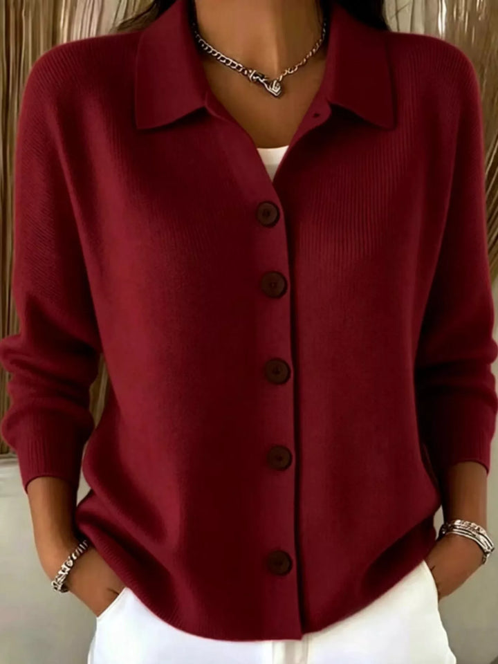 Burgundy Collared button-front knit cardigan with contrast buttons