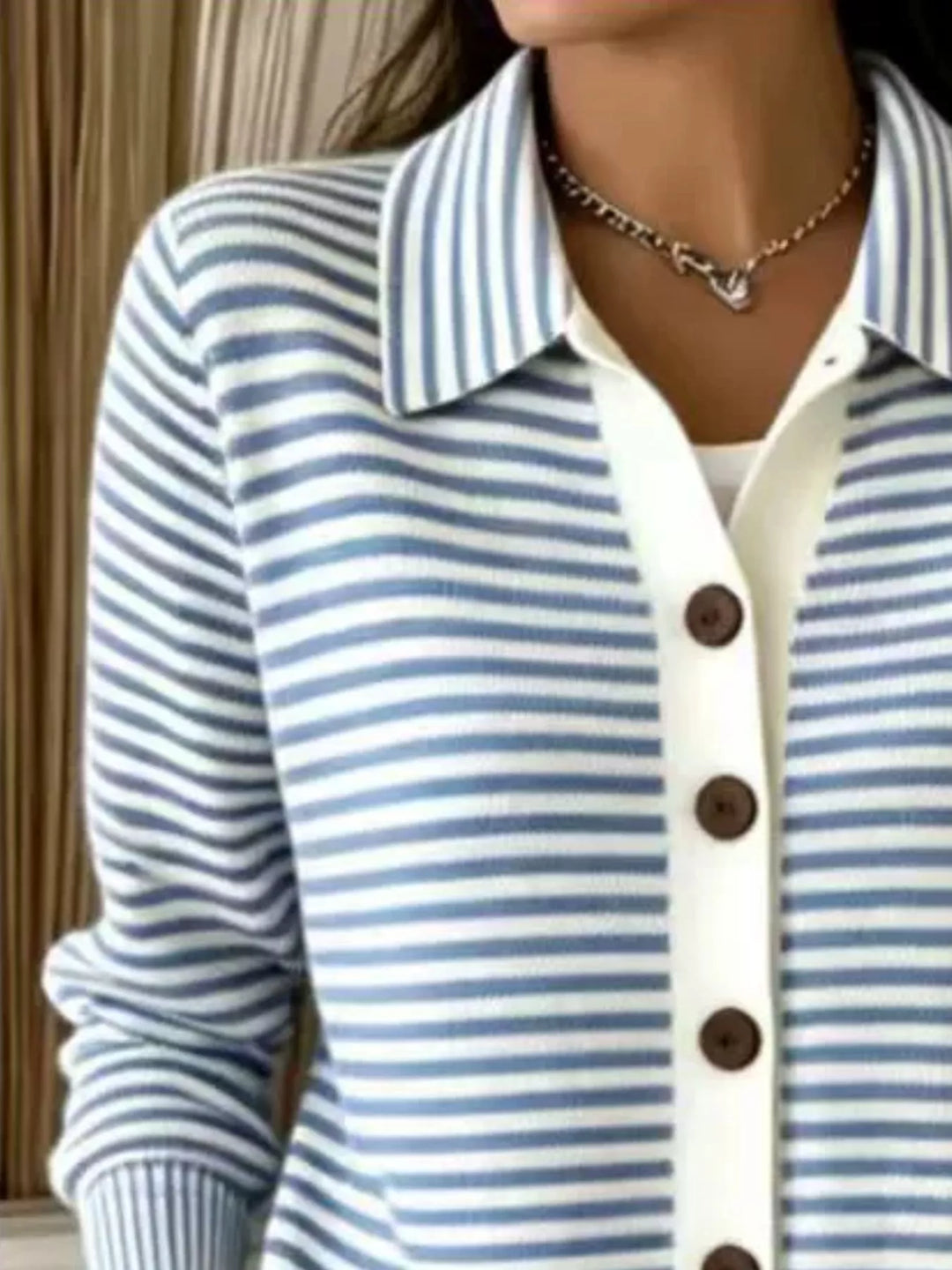Striped button-down knit cardigan with pointed collar