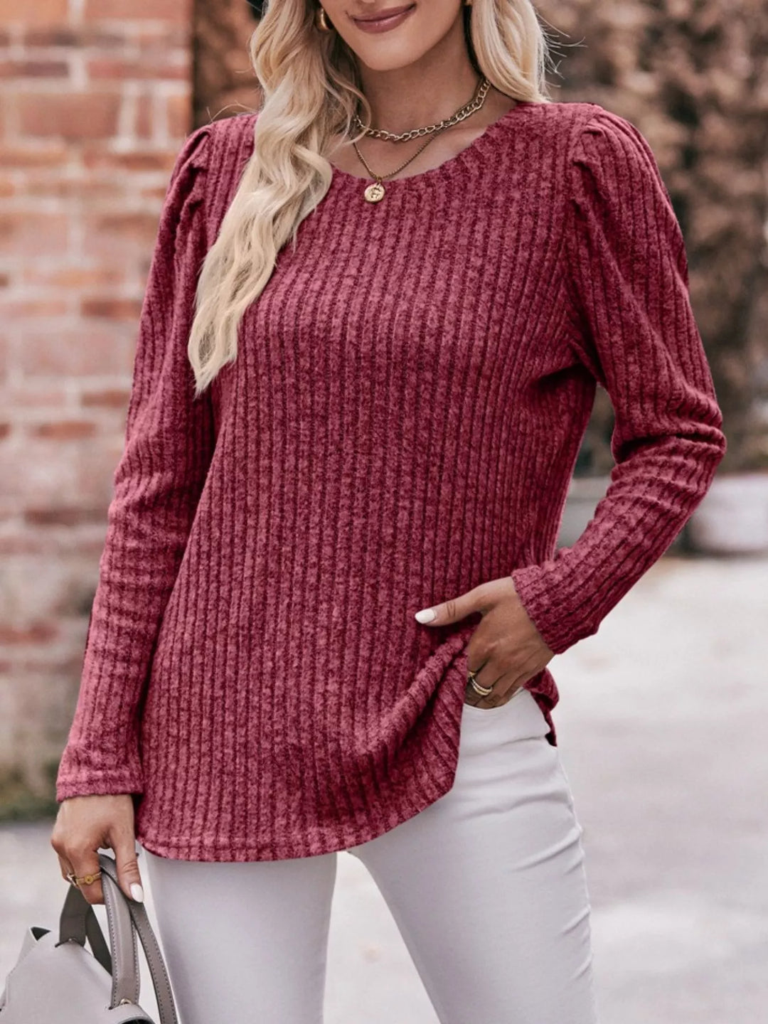 Ribbed knit long sleeve top with puff shoulders