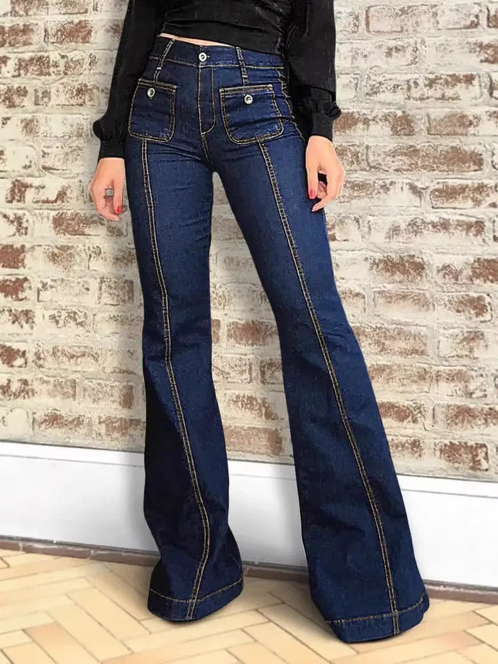 Dark Blue High-rise flare jeans with front patch pockets