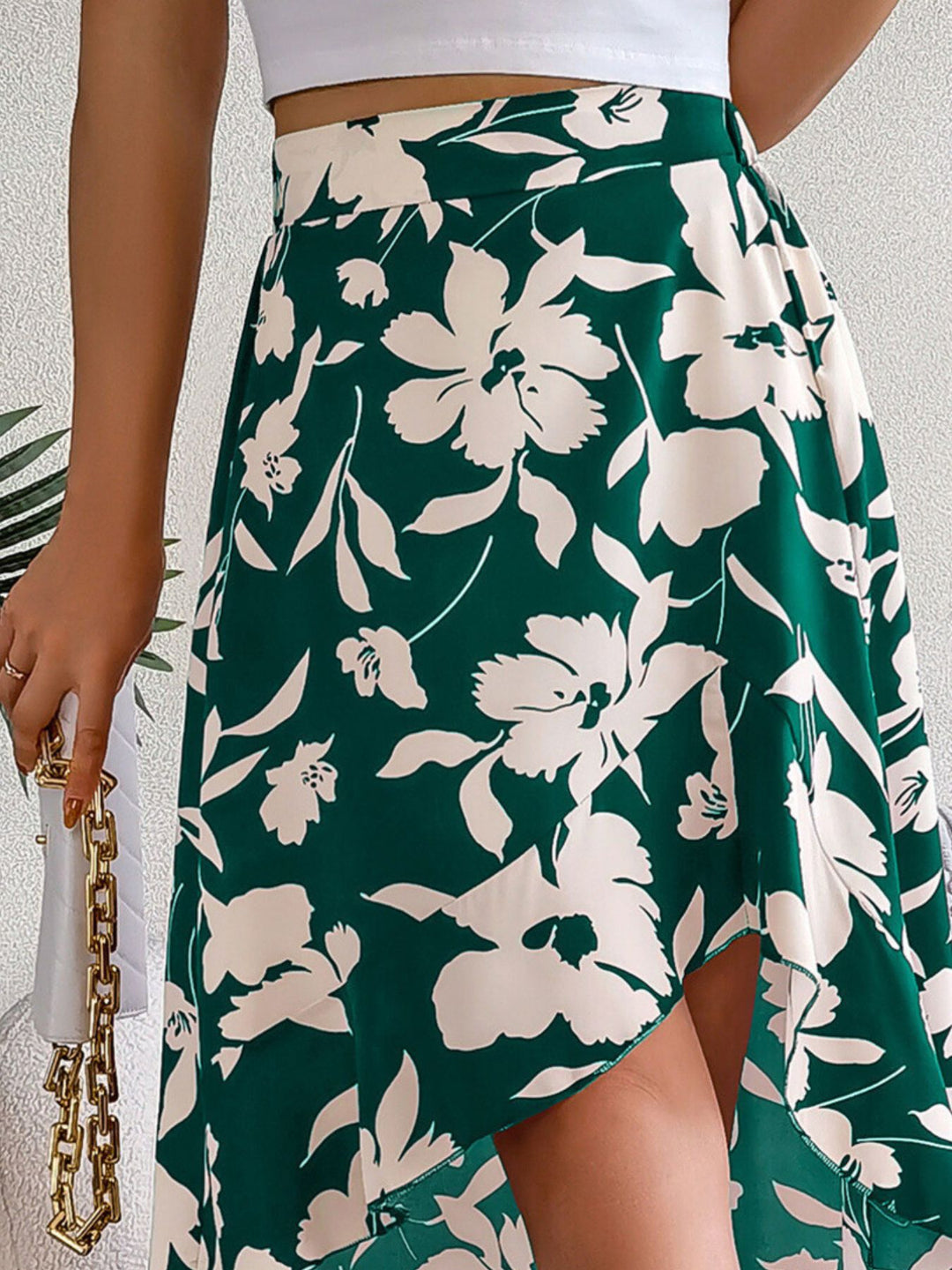 Green Floral print asymmetrical ruffle hem midi skirt