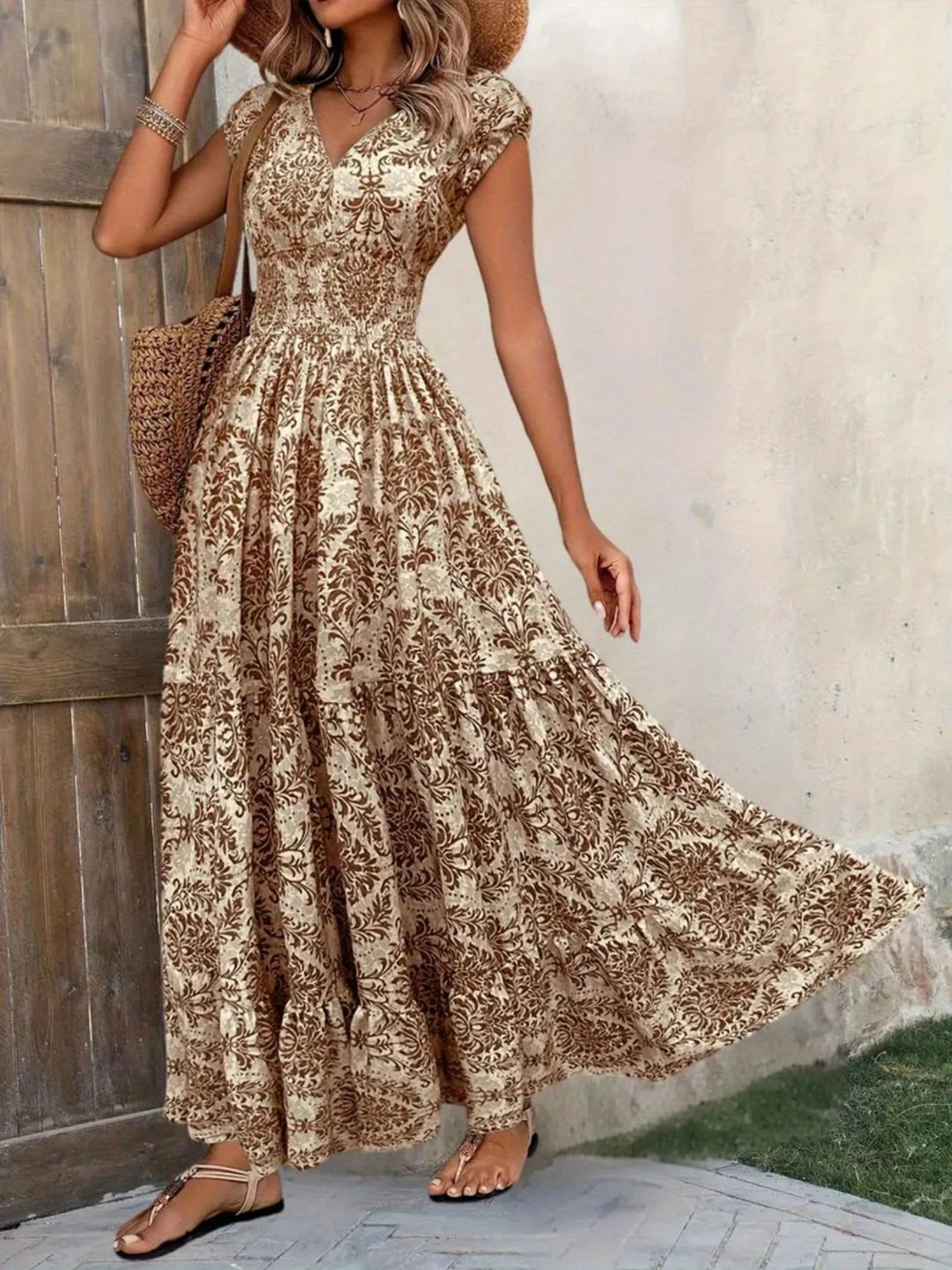Brown Flower Smocked tiered maxi dress with cap sleeves and side slit