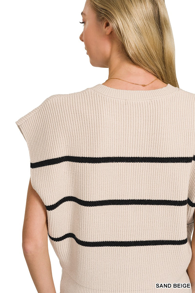 Striped ribbed knit sweater vest with button-down front