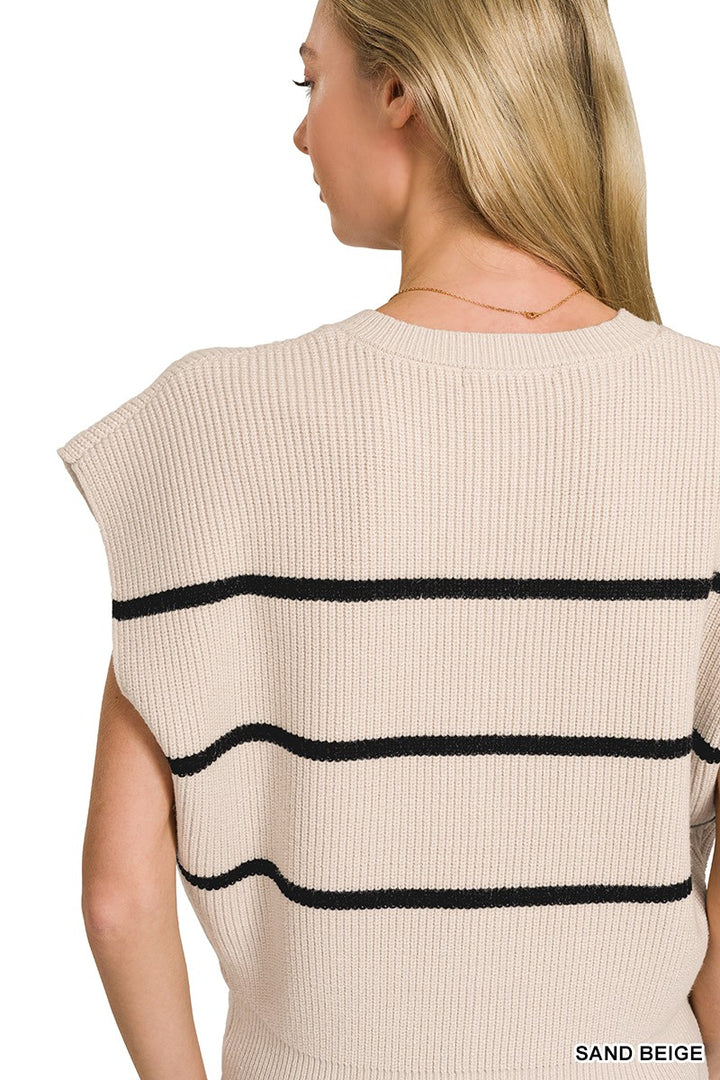Striped ribbed knit sweater vest with button-down front