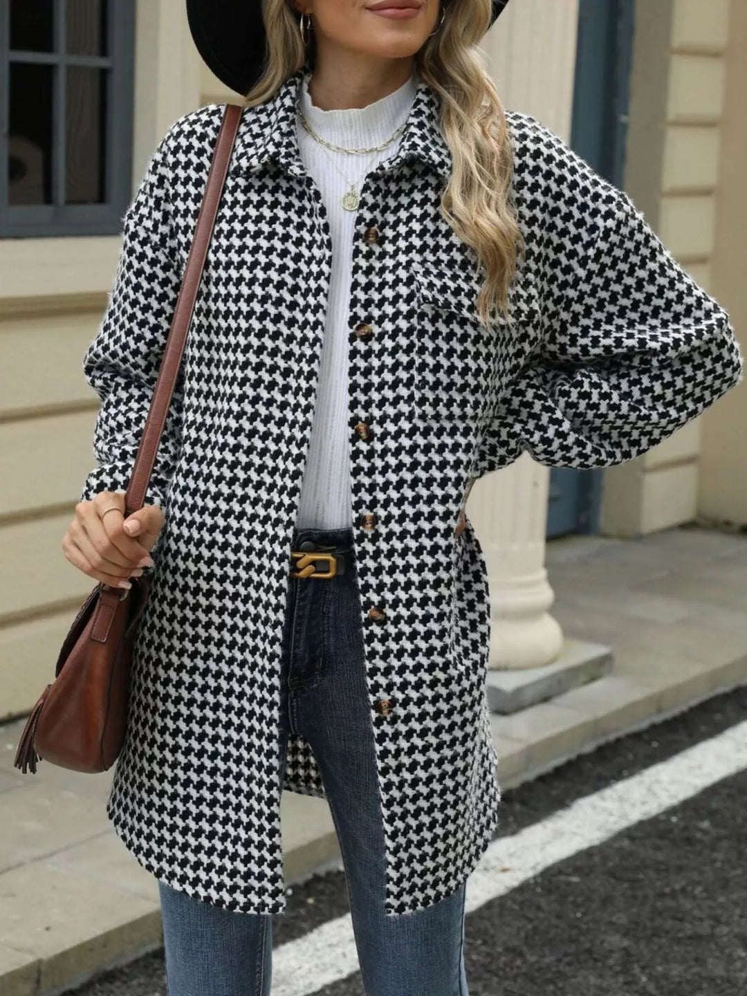 Black Houndstooth button-up shacket coat with chest pocket