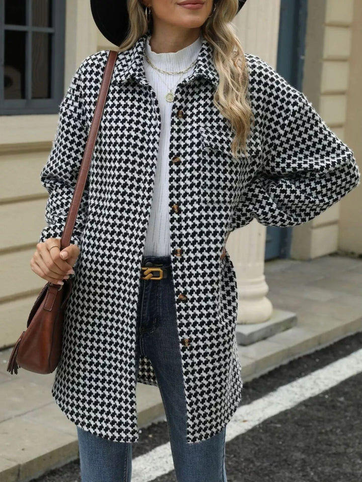 Black Houndstooth button-up shacket coat with chest pocket