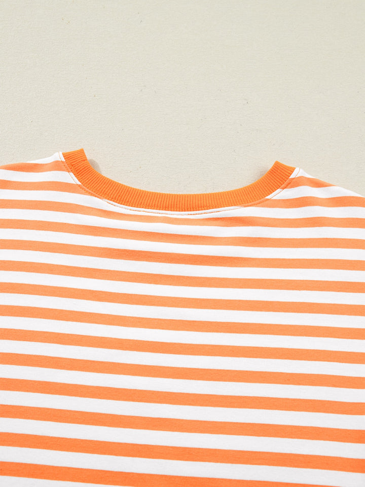 Striped exposed-seam 3/4 sleeve pullover top