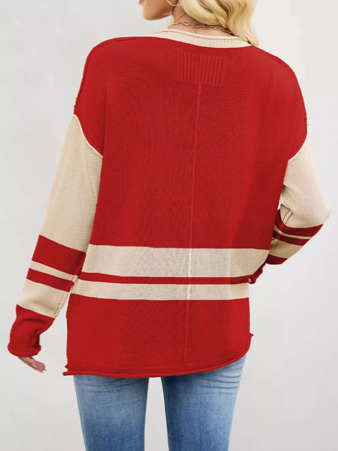 Striped colorblock drop shoulder sweater with side slits
