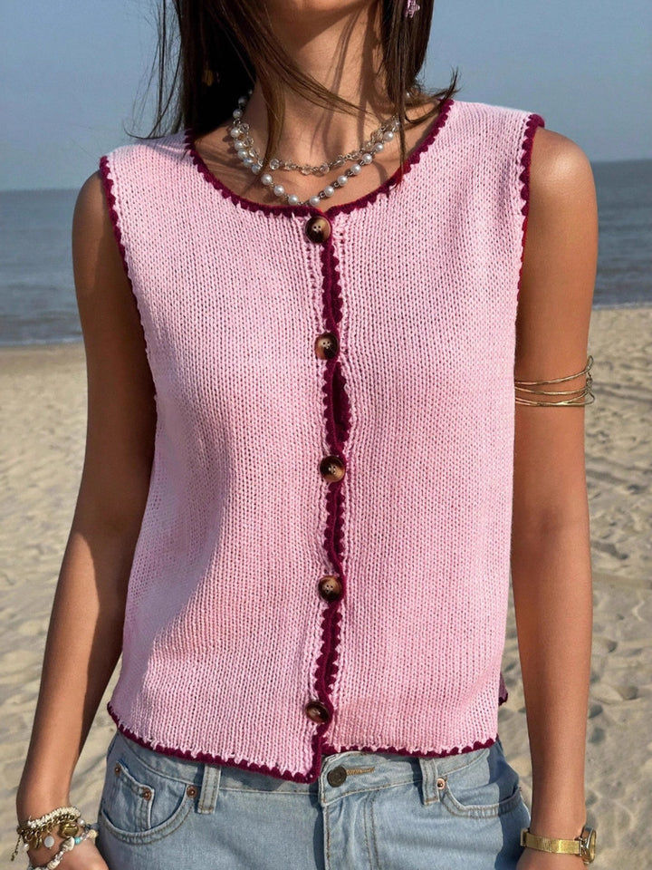 Pink Button-front knit sweater vest with contrast whipstitch trim