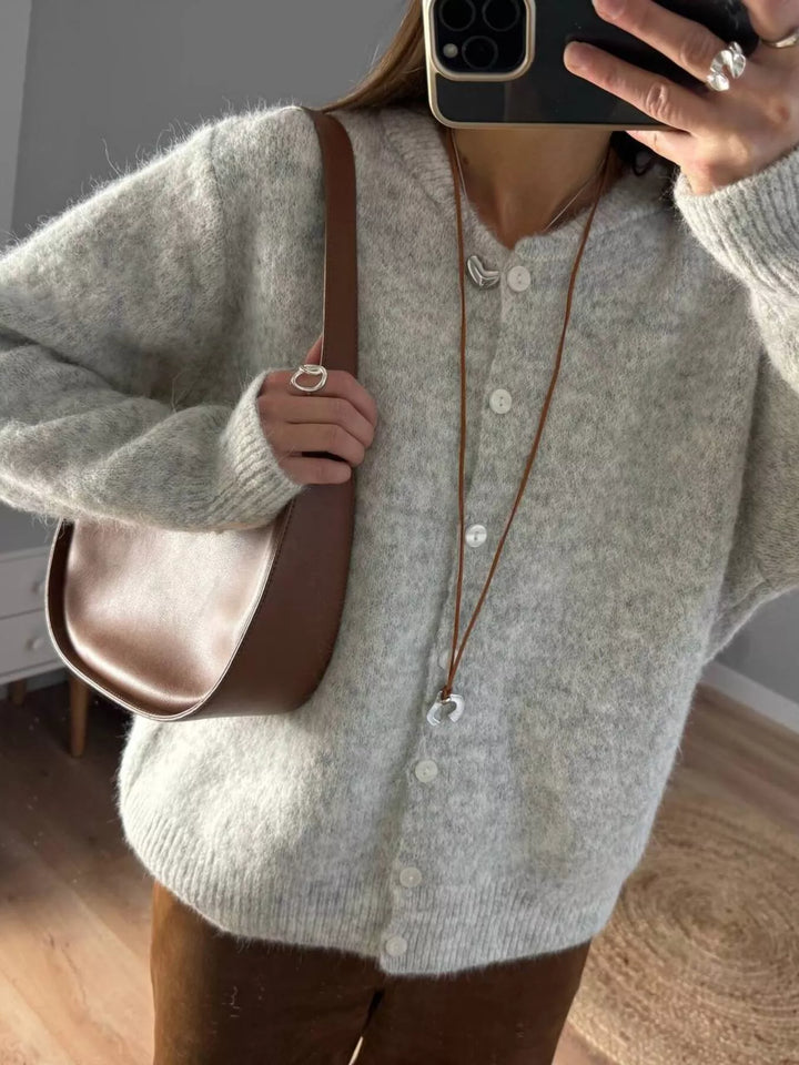 Brushed knit button-up cardigan with ribbed crew neck
