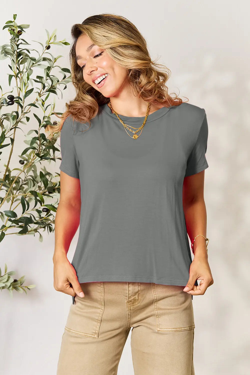 Gray Round neck short sleeve tee in soft rayon knit