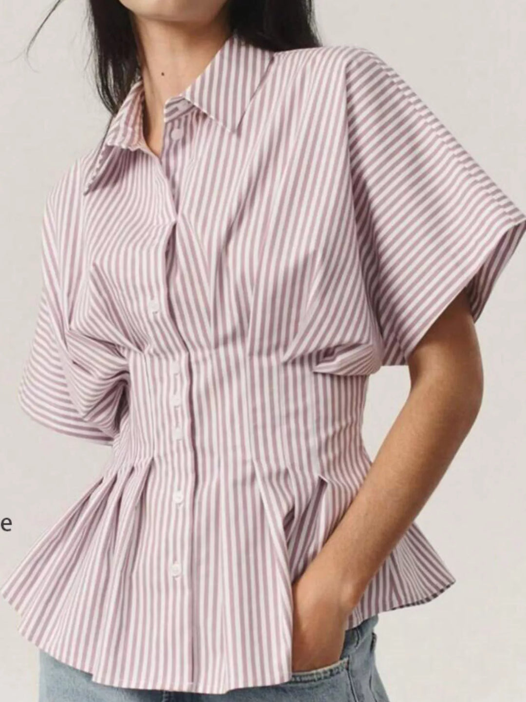 Striped button-down shirt with ruched cinched waist