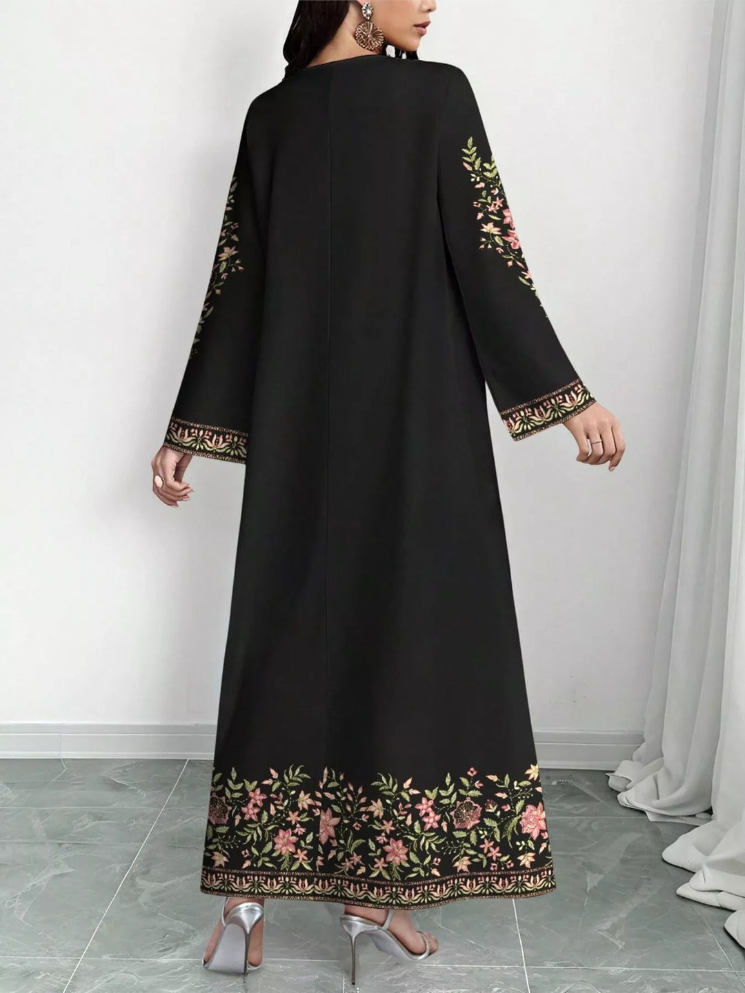 Floral border print V-neck long sleeve maxi dress
