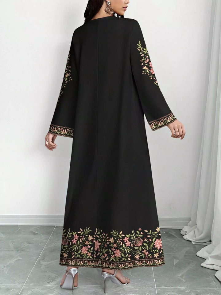 Floral border print V-neck long sleeve maxi dress