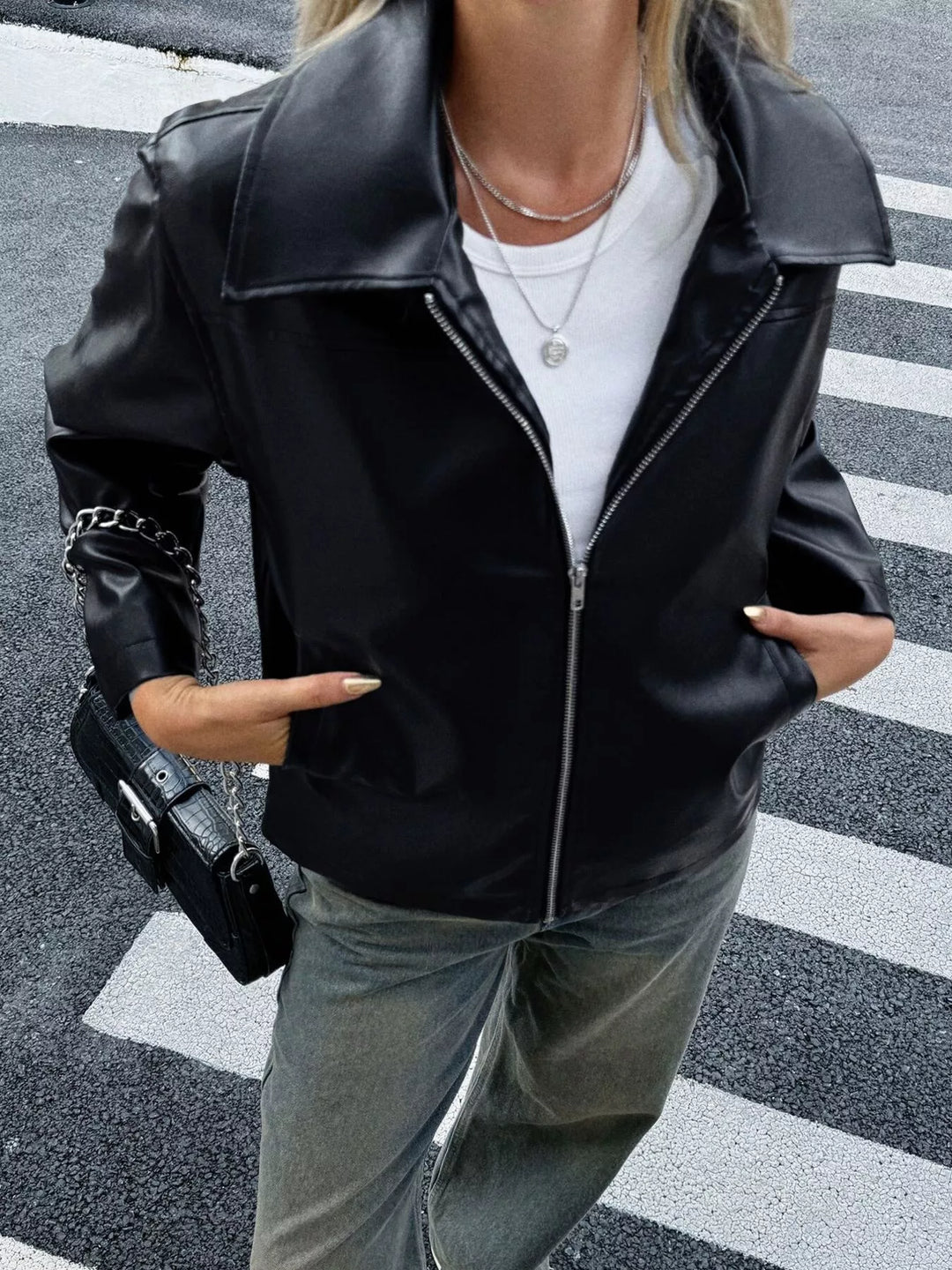 Collared faux leather zip-up jacket with patch pockets