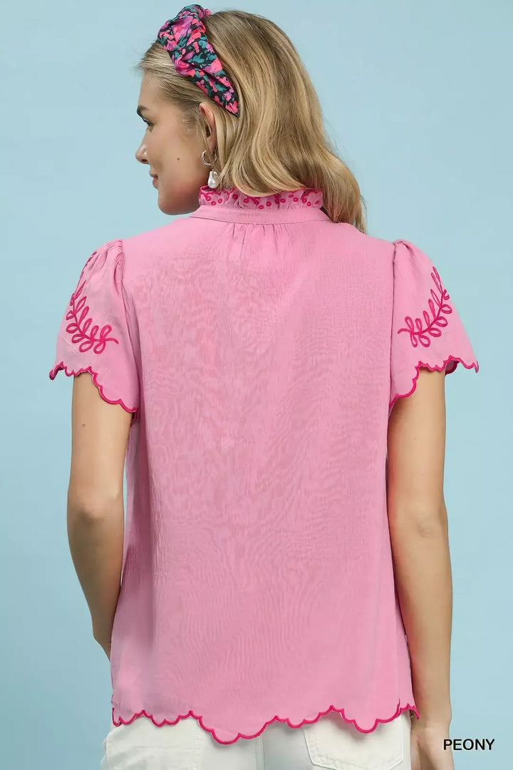 Embroidered floral scallop-hem top with flutter sleeves