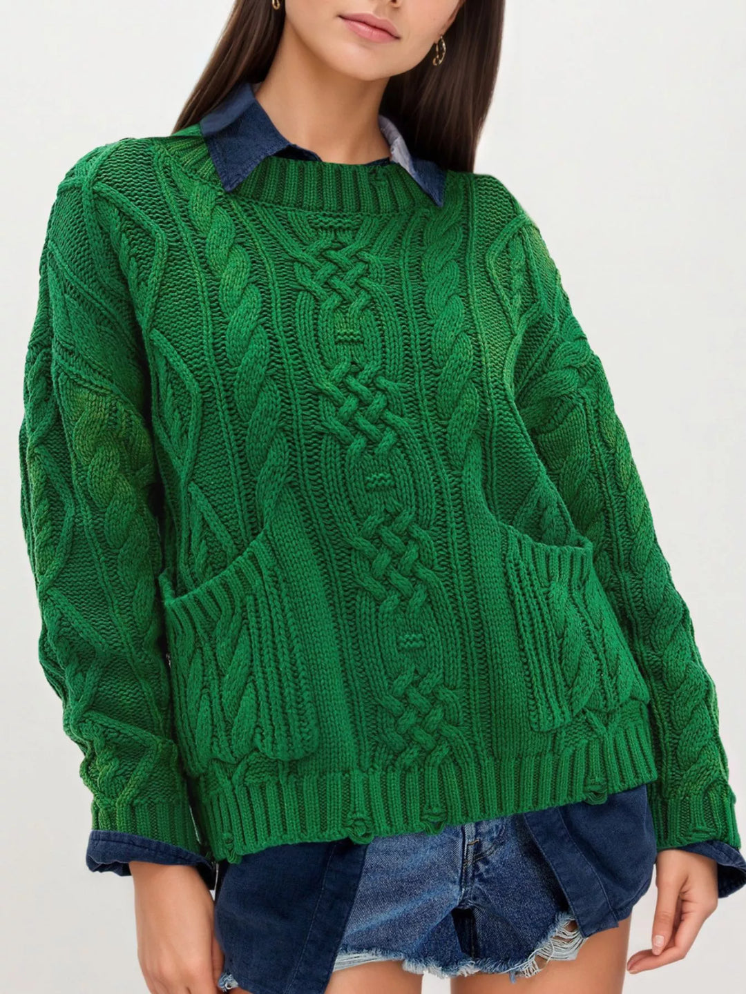 Green Cable knit sweater with patch pockets and raw hem