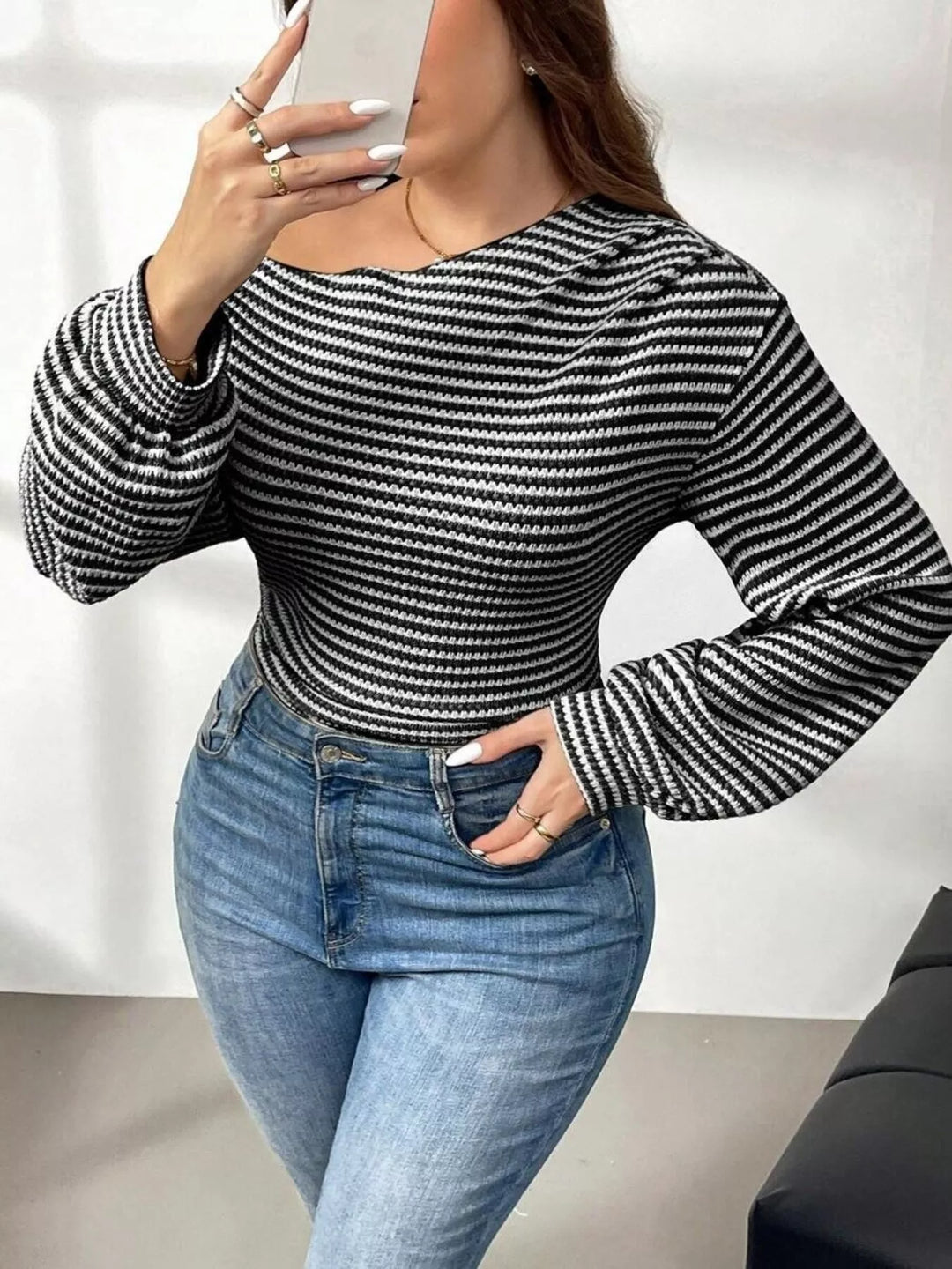 Striped ribbed knit one-shoulder top with long blouson sleeves