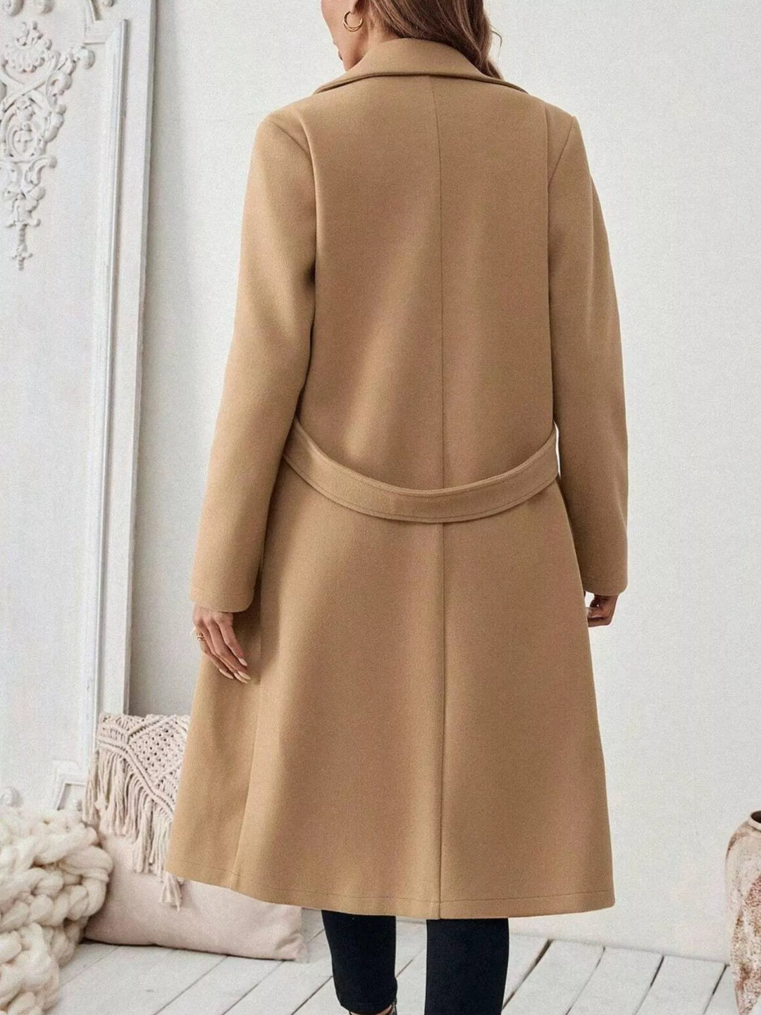 Notch lapel open-front longline coat with side pockets