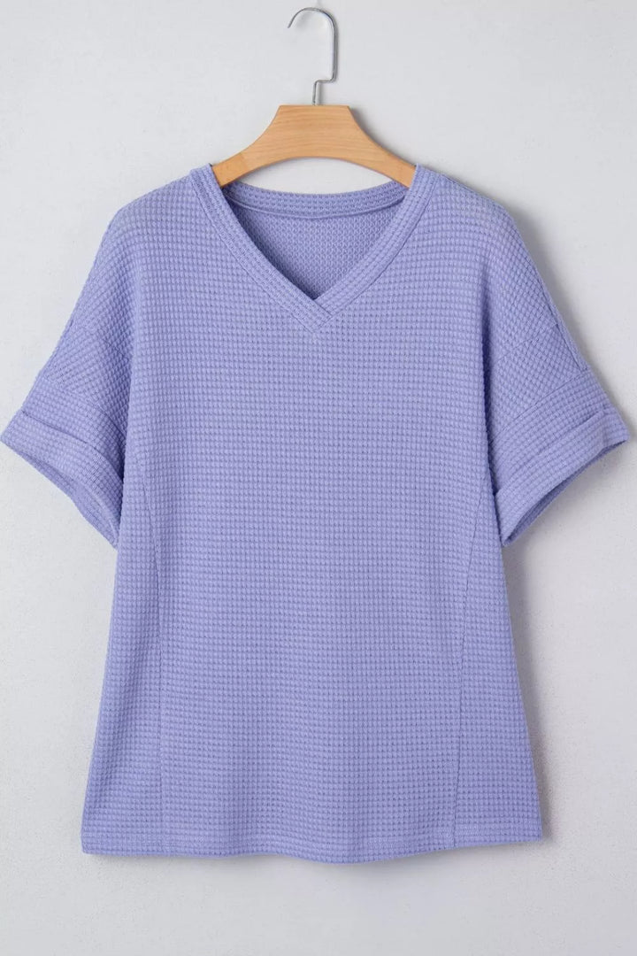 Plus size waffle knit V-neck top with cuffed short sleeves
