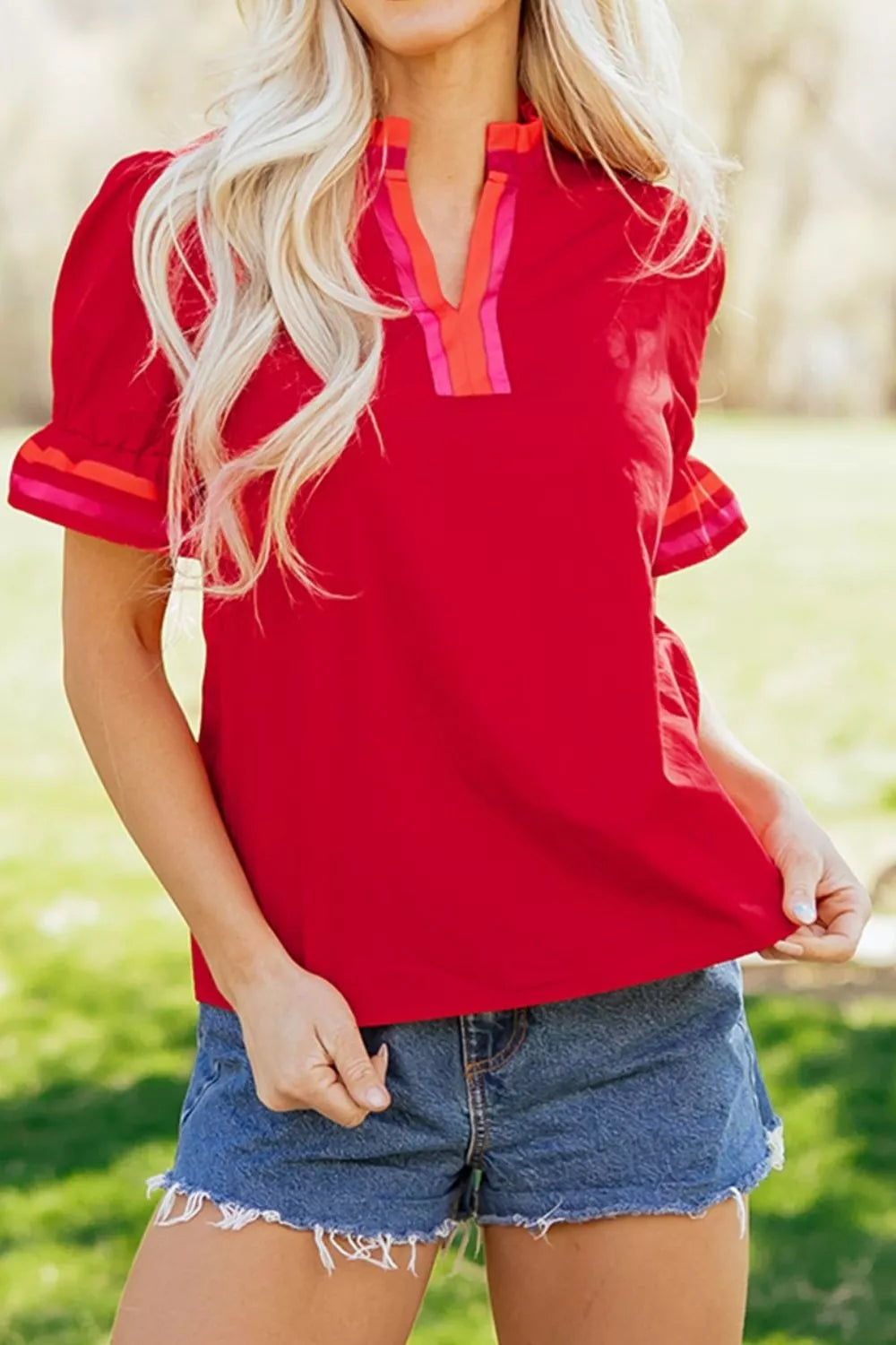 Puff sleeve notched blouse with striped ruffle cuffs