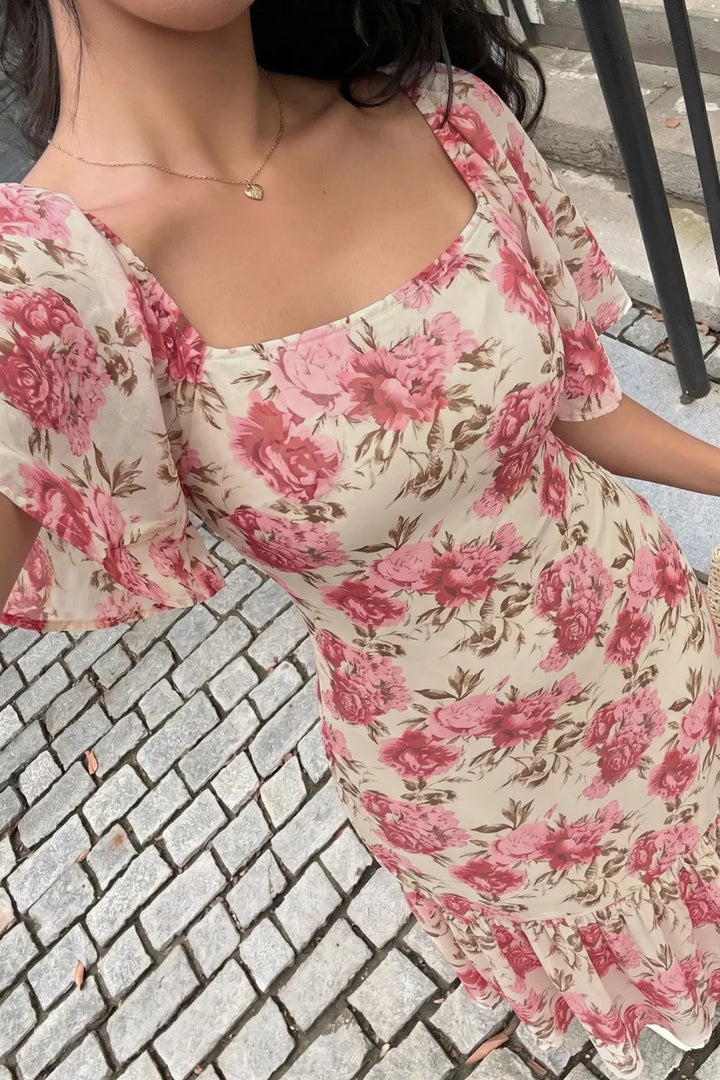Floral print flutter sleeve square neck midi dress