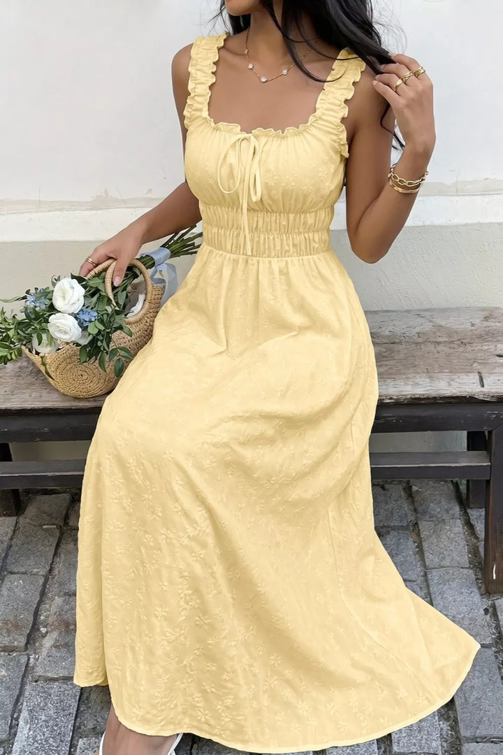Square-neck smocked-waist maxi dress with ruffle straps