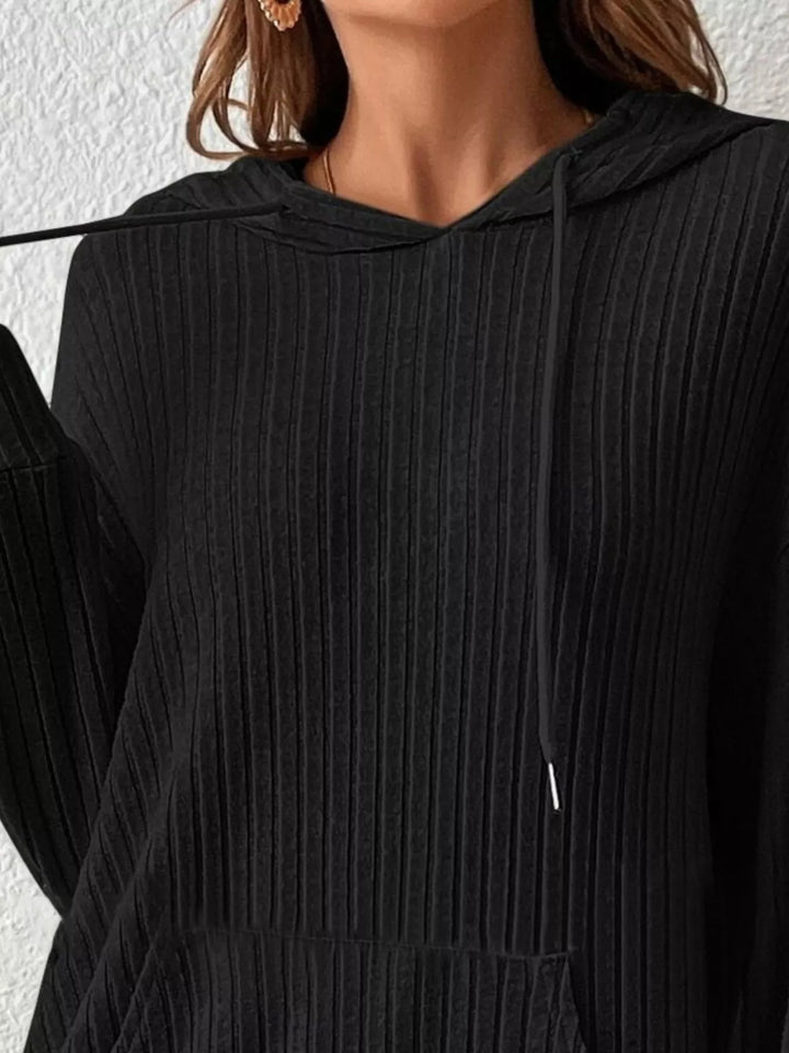 Ribbed knit hoodie with drawstring and kangaroo pocket