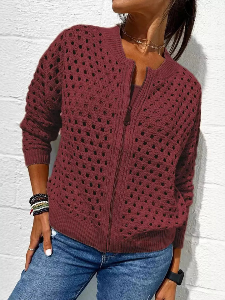 Wine Red Open-knit zip-up bomber cardigan with ribbed trim