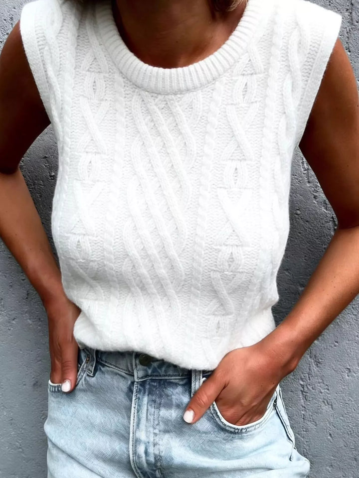 White Cable knit sweater vest with ribbed crew neck