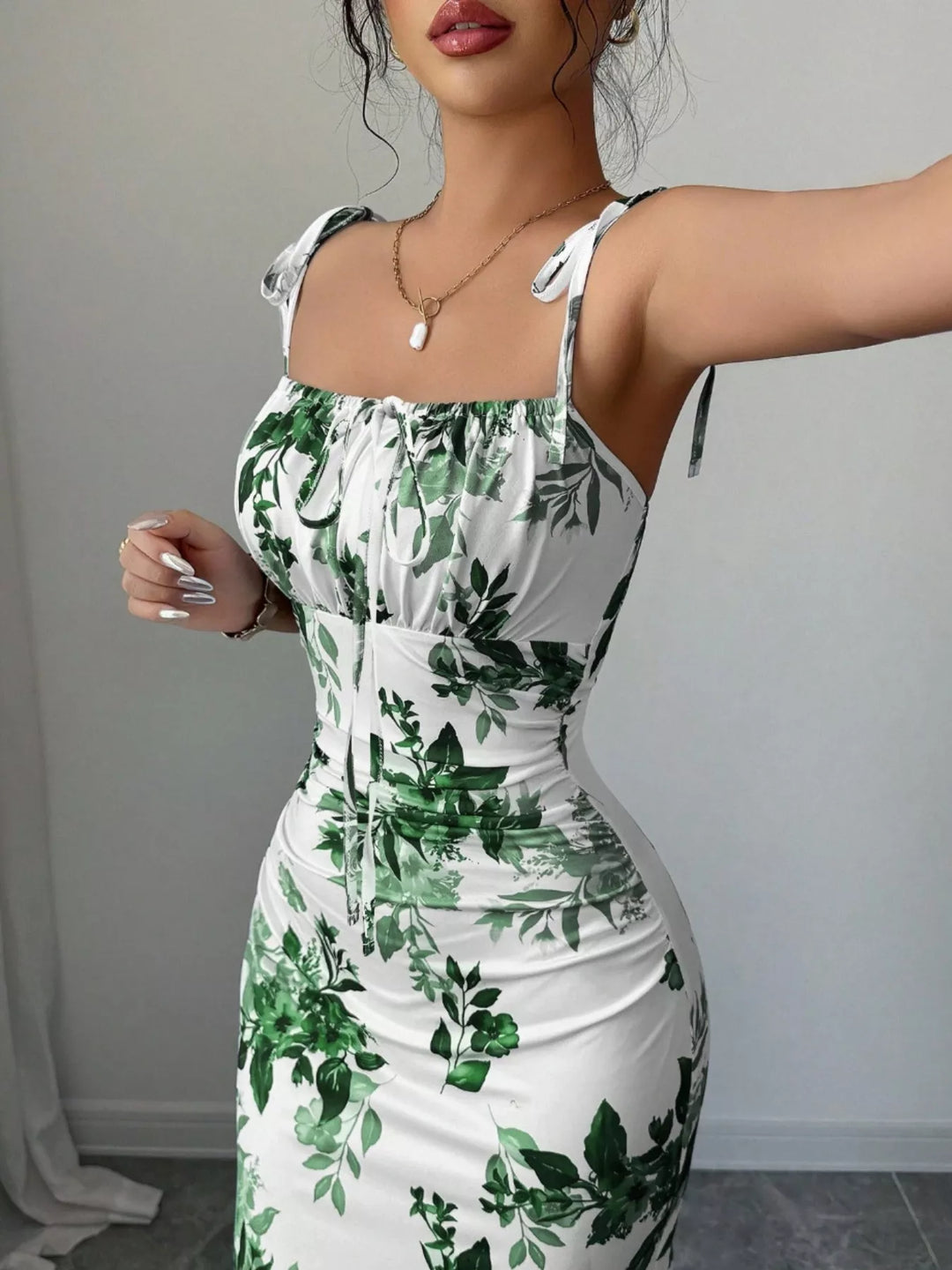 Floral print tie-strap maxi dress with side slit