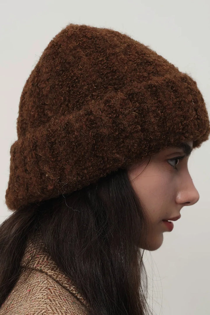 Fuzzy brushed knit cuffed beanie with slouchy crown