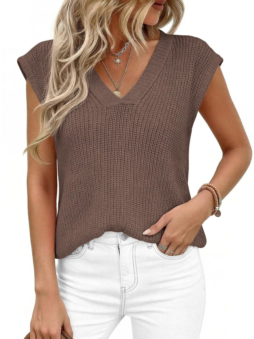 V-neck cap sleeve waffle knit sweater vest