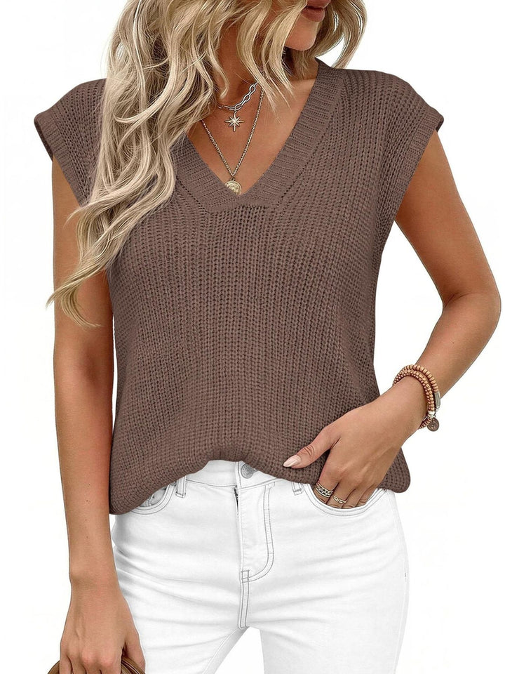 V-neck cap sleeve waffle knit sweater vest