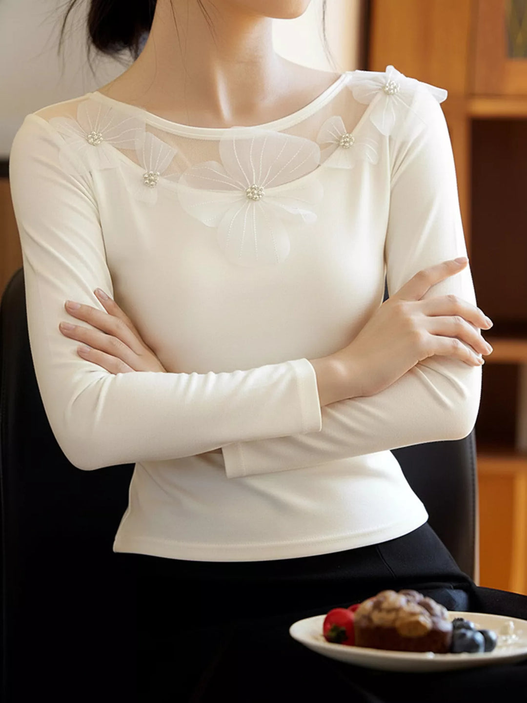 Beige Floral appliqué mesh yoke long sleeve top