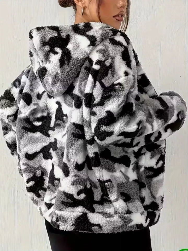 Cropped fuzzy camo zip-up fleece hoodie jacket