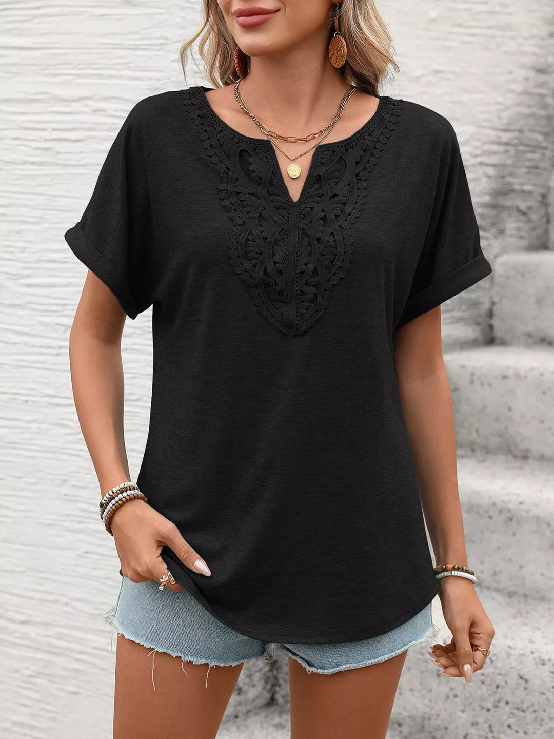 Lace-trim V-neck short sleeve top with rolled cuffs