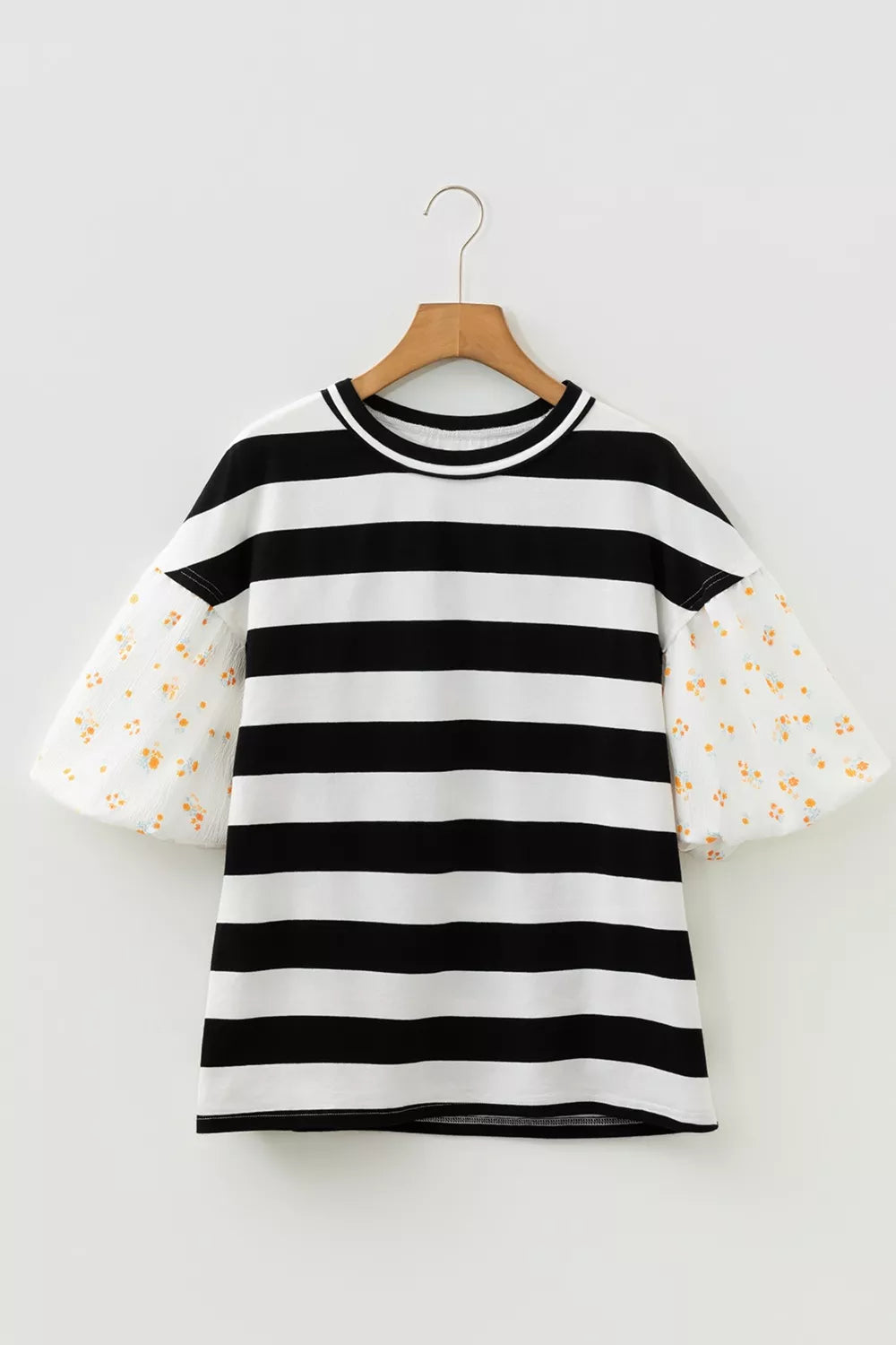 Striped puff sleeve blouse with floral print sleeves