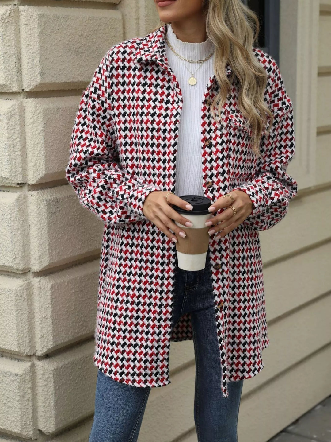 Red Houndstooth button-up shacket coat with chest pocket