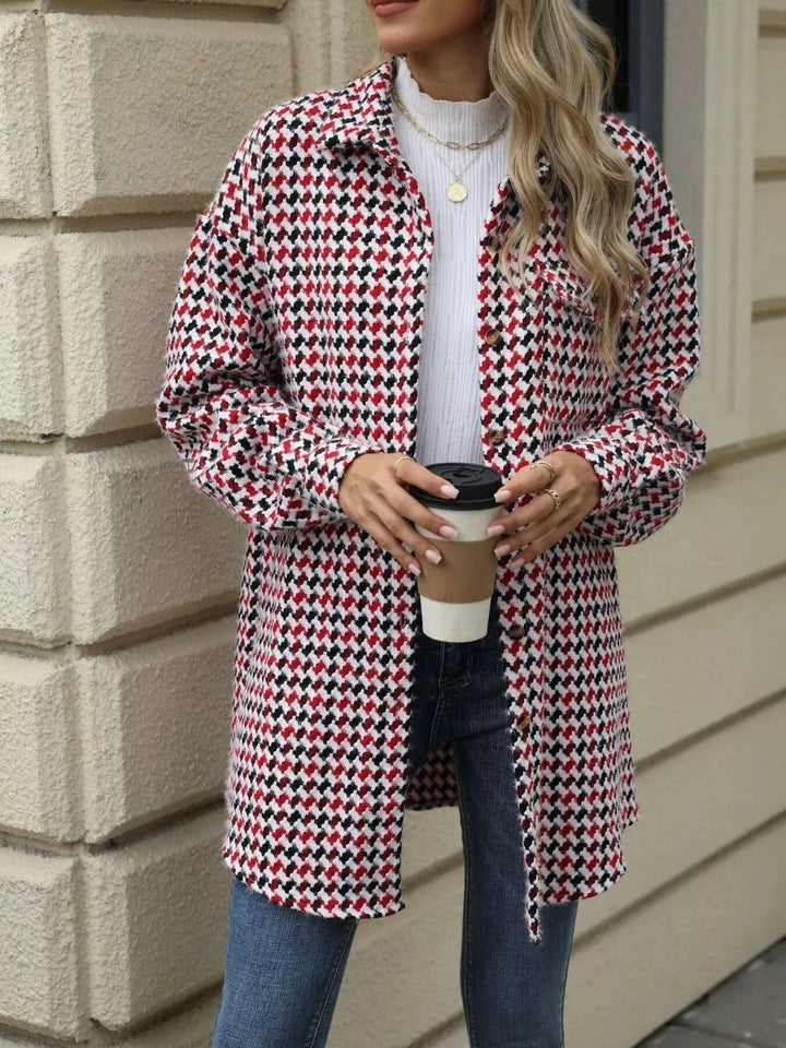 Red Houndstooth button-up shacket coat with chest pocket