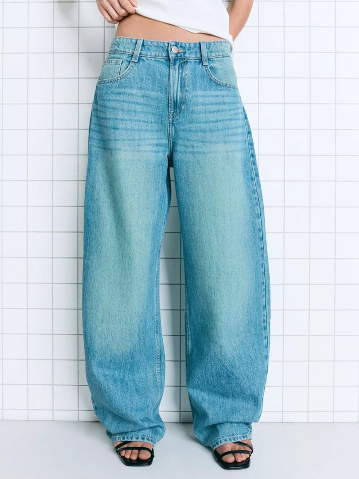 Medium Blue Mid-rise wide-leg washed denim jeans with five-pocket styling