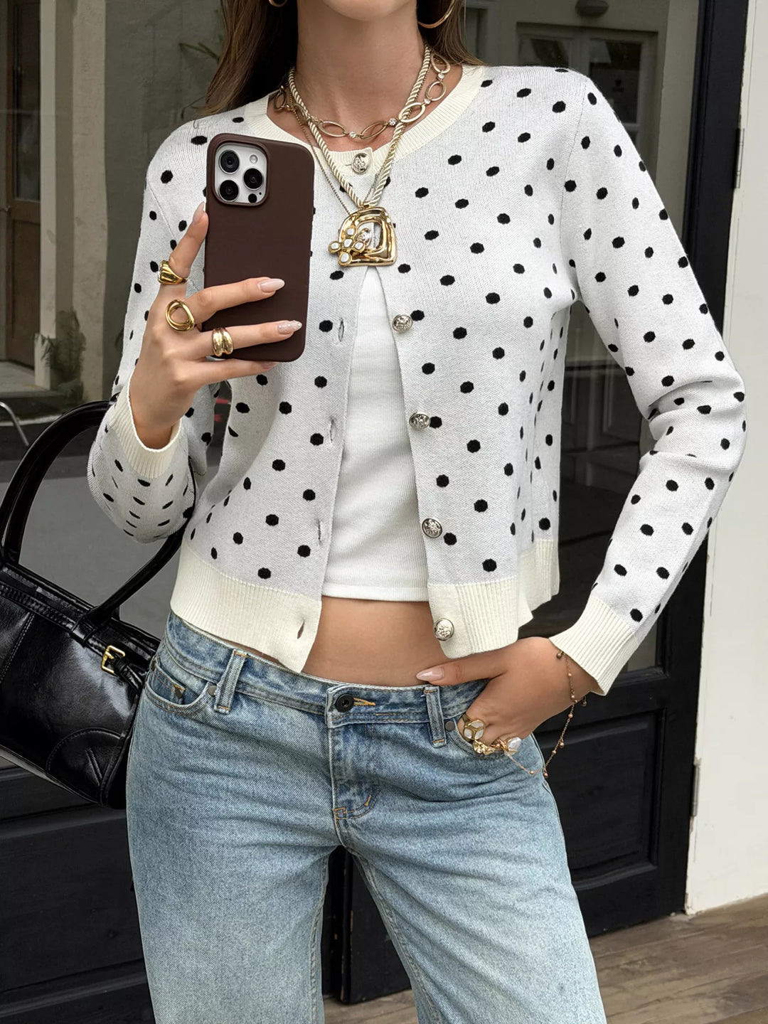 Cropped polka dot cardigan with jeweled buttons