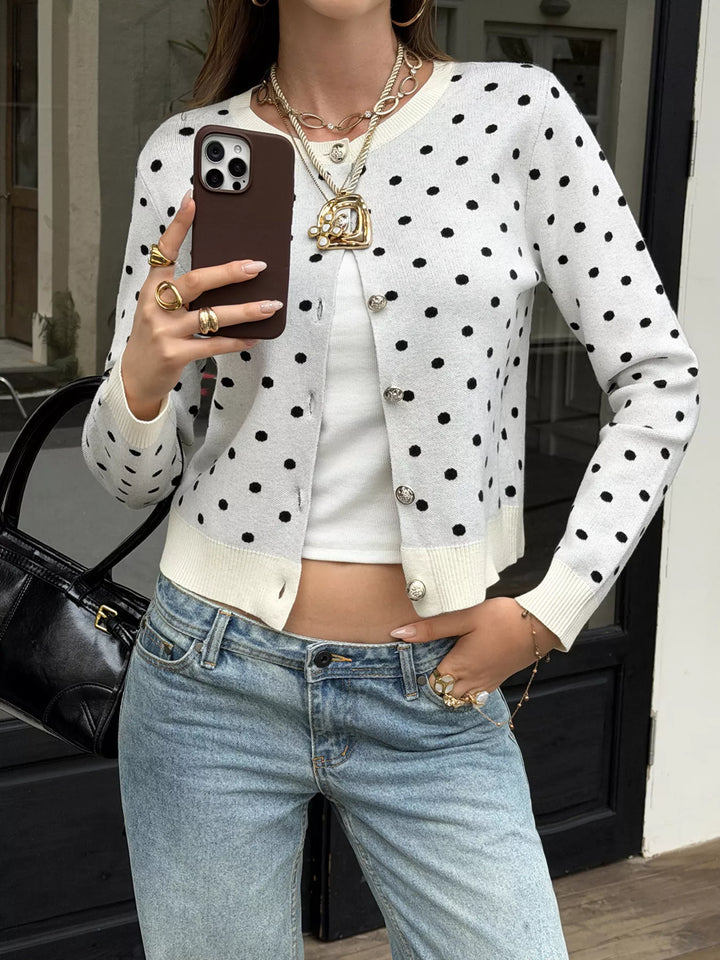 Cropped polka dot cardigan with jeweled buttons