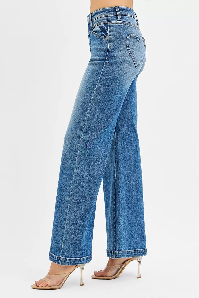 High-rise wide leg jeans with front yoke and heart back pocket