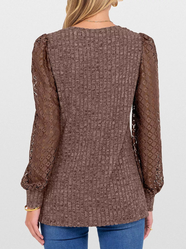 Sheer lace sleeve ribbed knit V-neck top