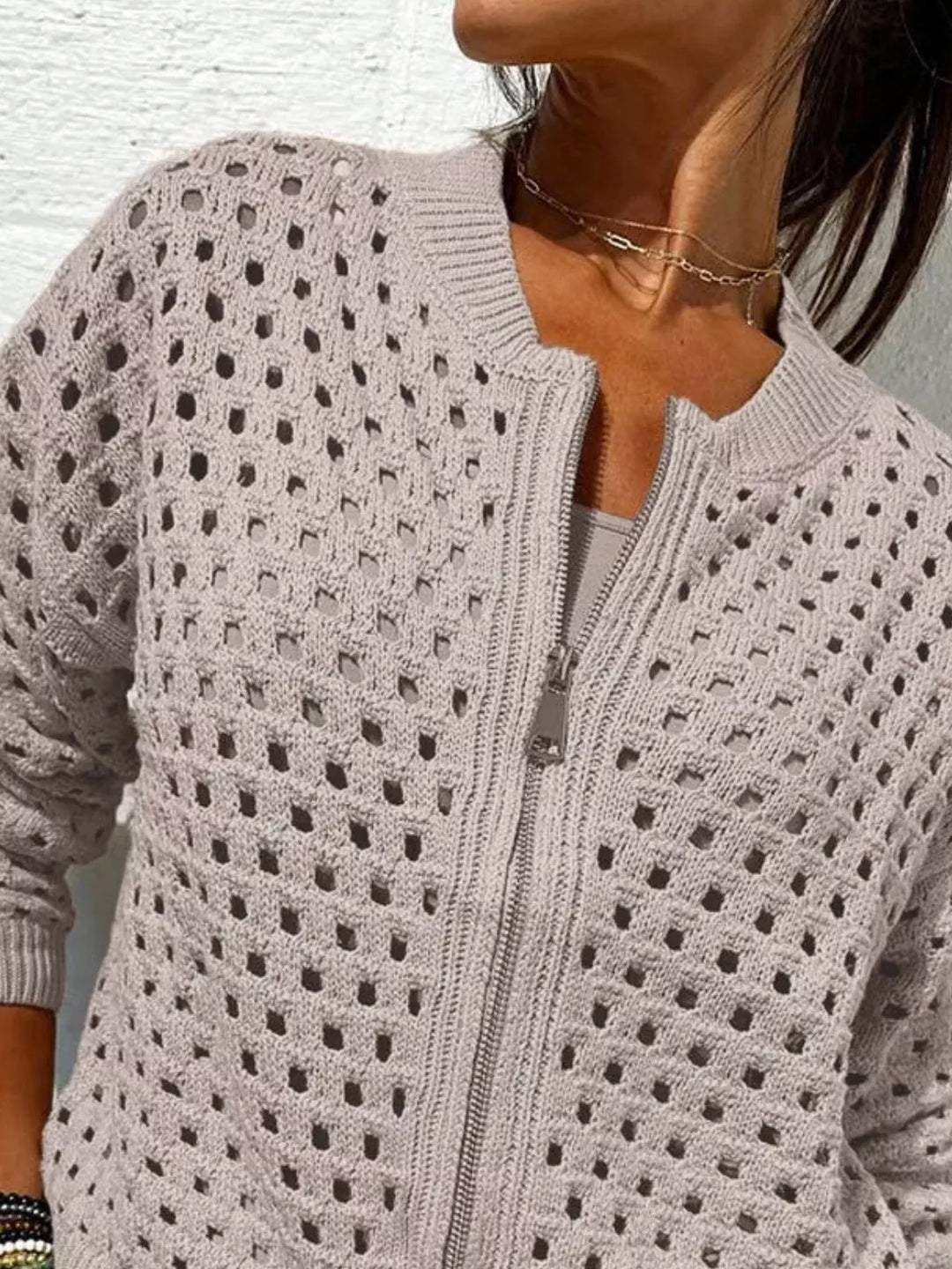 Open-knit zip-up bomber cardigan with ribbed trim