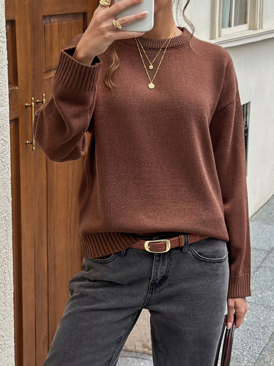 Ribbed trim crew neck drop shoulder pullover sweater