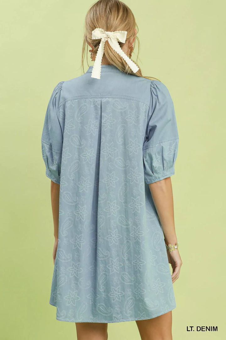 Floral contrast-stitch denim mini dress with pintuck V-neck