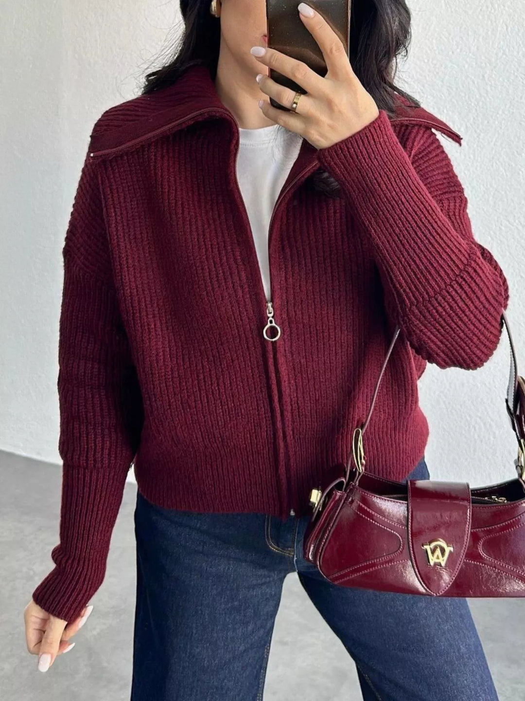 Chunky two-way zip sweater jacket with foldover collar