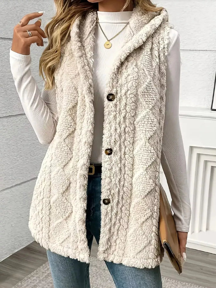 Textured sherpa hooded vest with button front